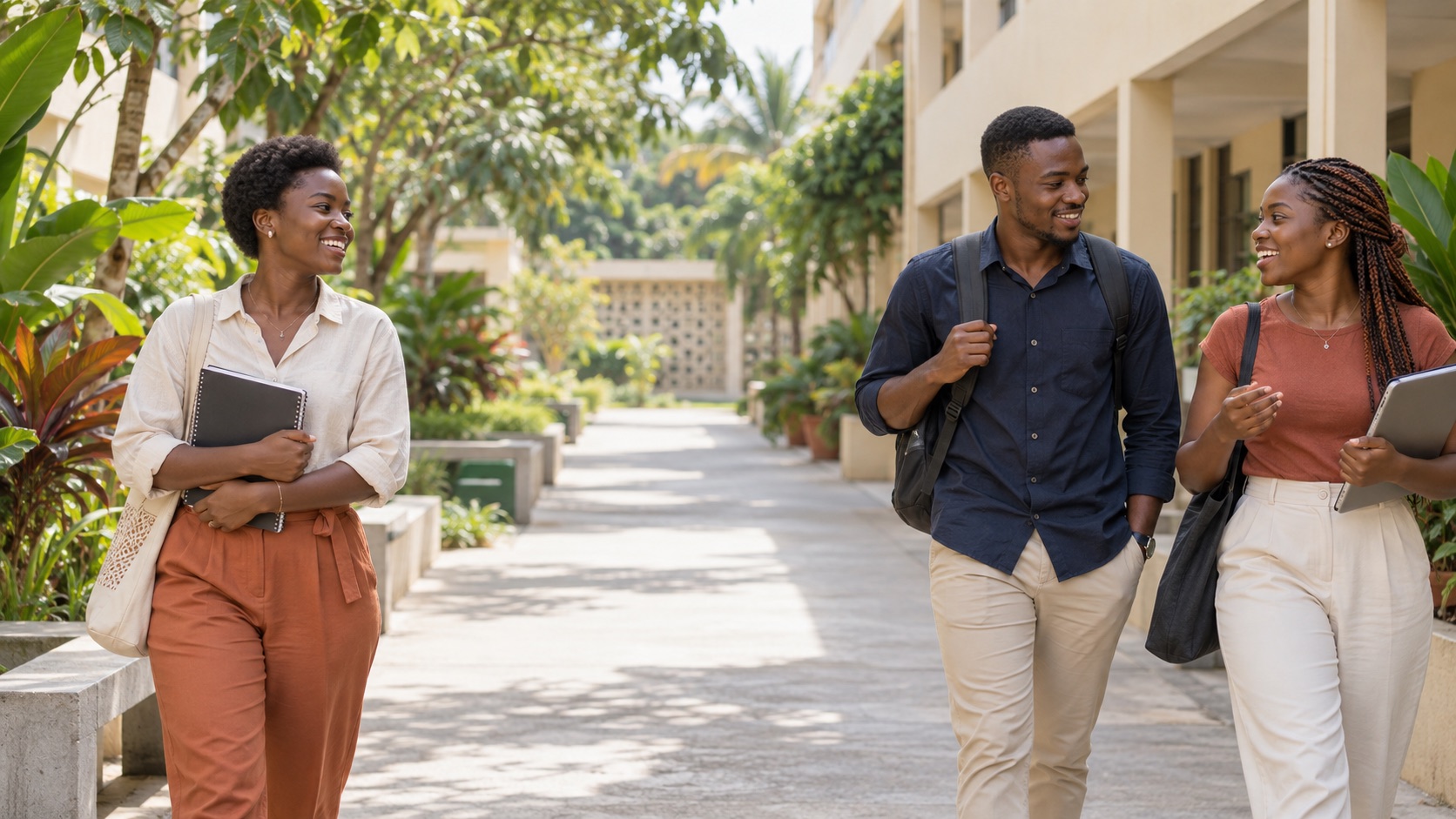 Illustration générée : des étudiants dans un cadre universitaire inspiré d’Abidjan